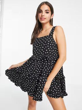 ASOS DESIGN Textured Ruffle Swing Mini Sundress Polka Dot Size